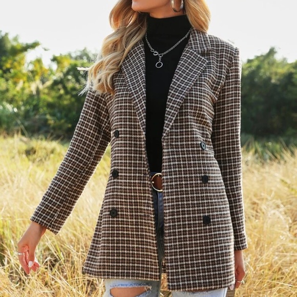 Blazer jacket gingham plaid double breasted brown - Picture 4 of 6